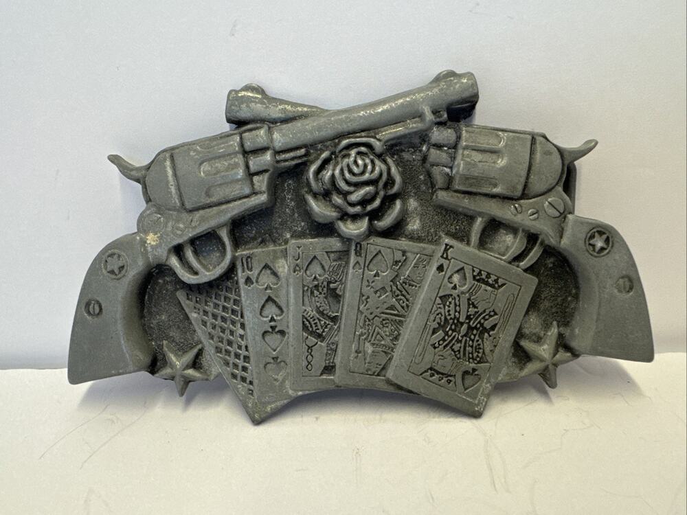 Vintage 2003 Pistols Rose Playing Cards Pewter Belt Buckle Western Guns Y2K